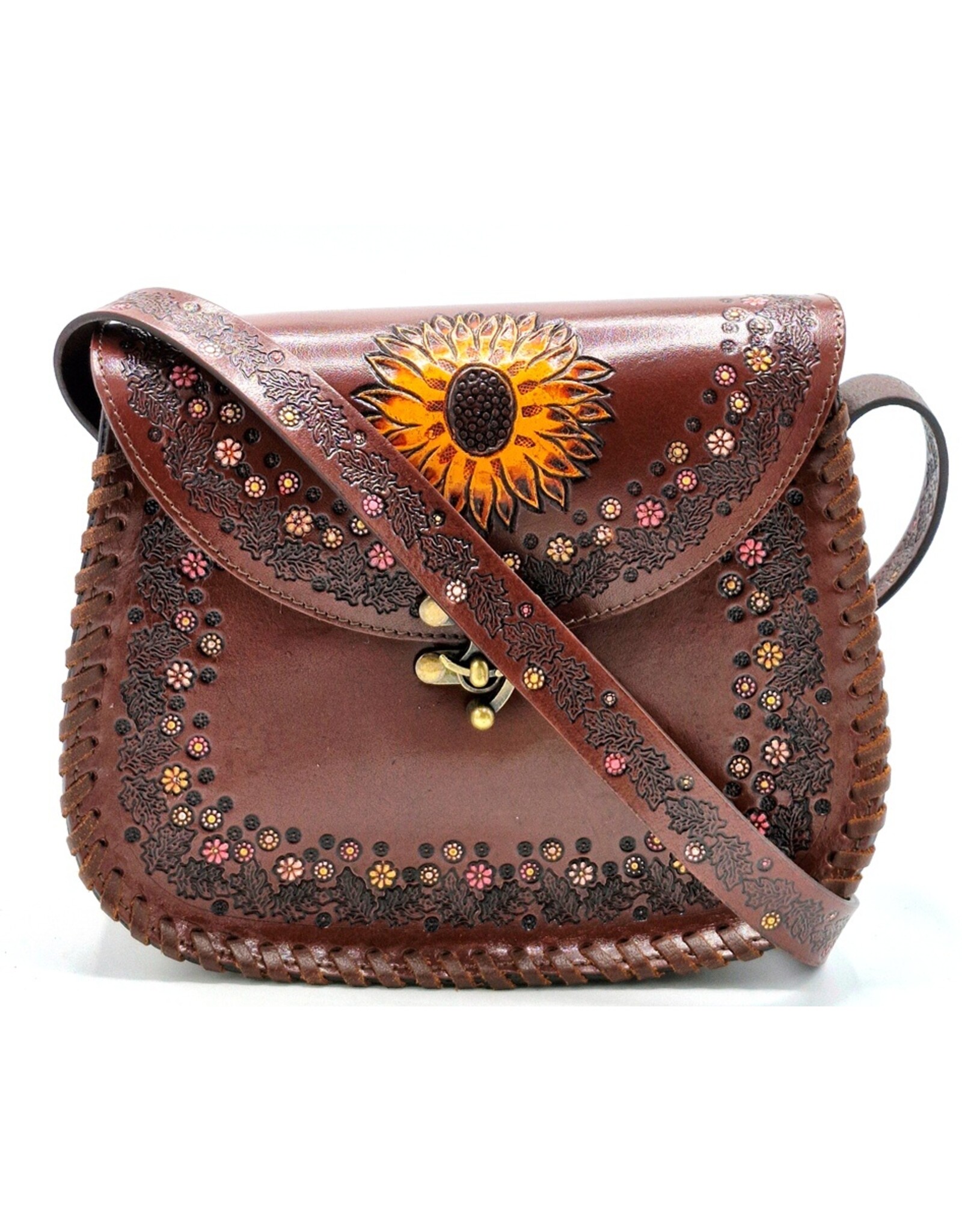 Trukado Leren schoudertassen Leren crossbody tassen - Leren Zadeltas met reliëf Zonnebloem en Haakje