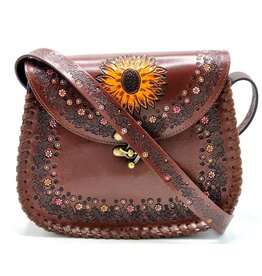 Trukado Leren Zadeltas met reliëf Zonnebloem en Haakje