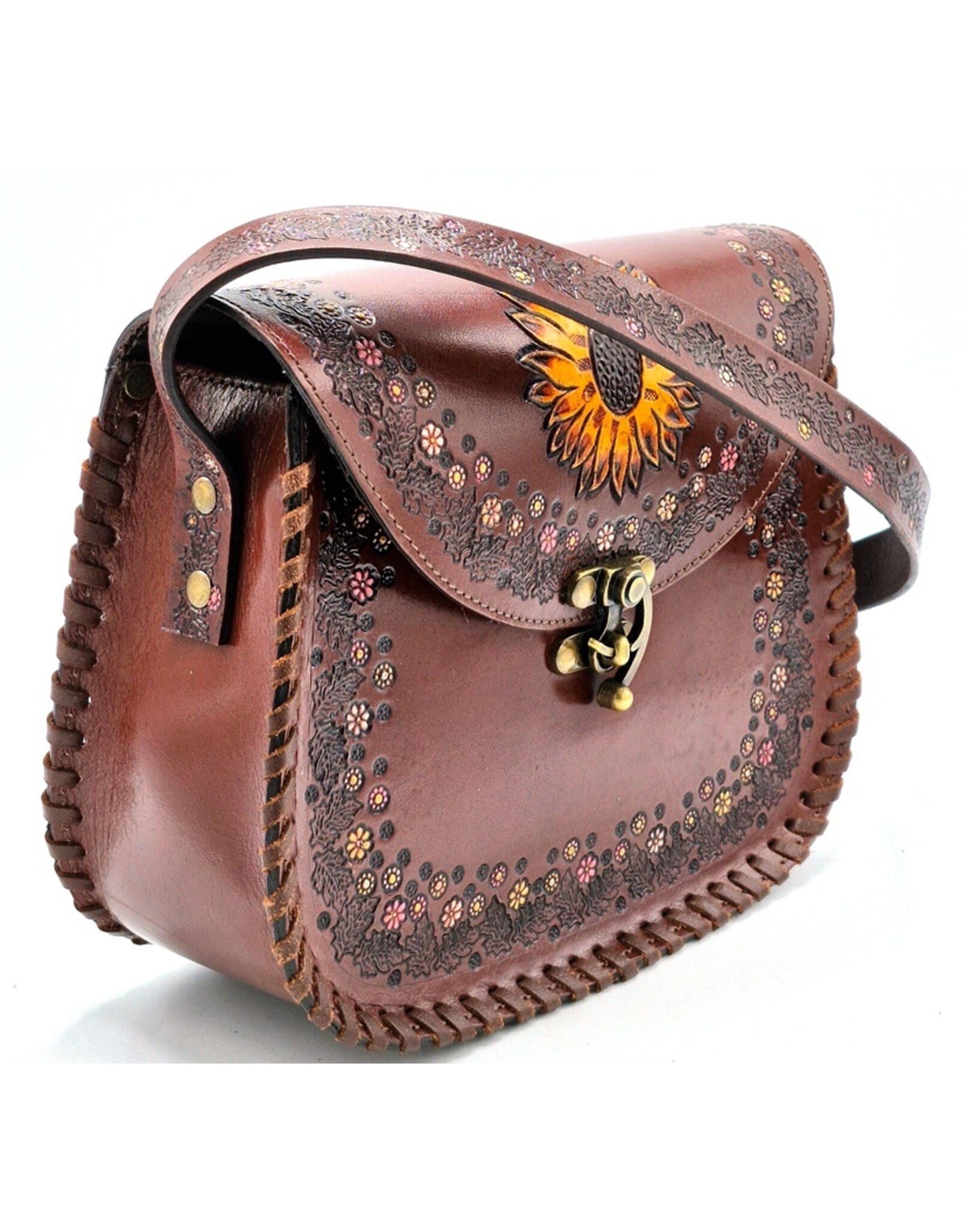 Trukado Leren schoudertassen Leren crossbody tassen - Leren Zadeltas met reliëf Zonnebloem en Haakje