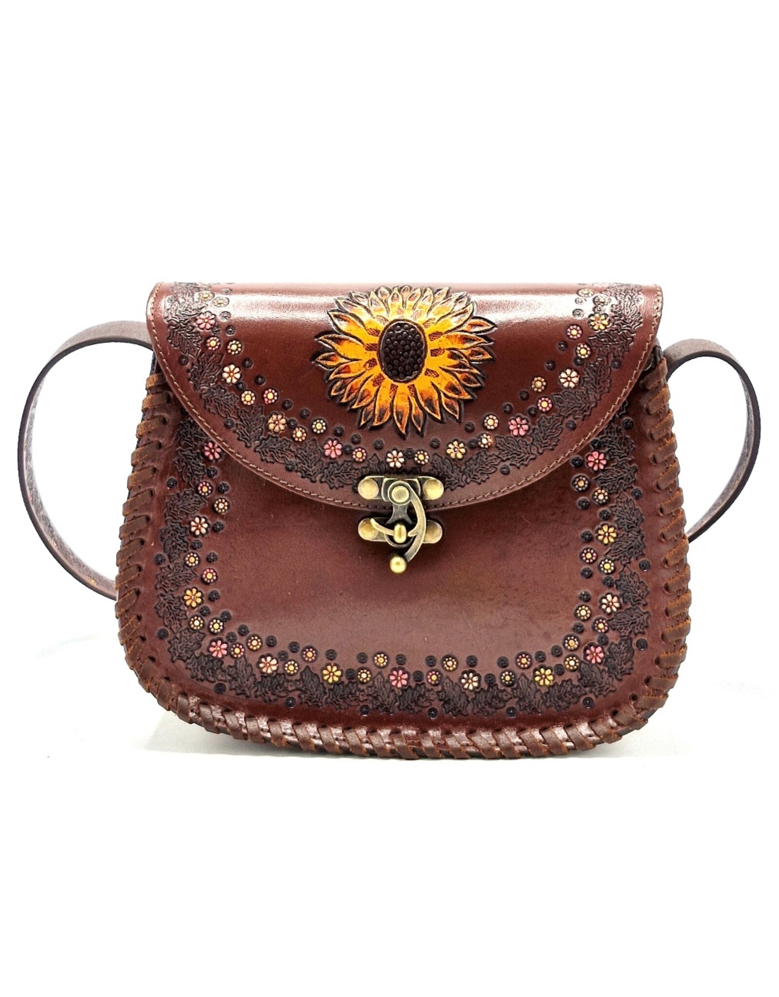 Trukado Leren schoudertassen Leren crossbody tassen - Leren Zadeltas met reliëf Zonnebloem en Haakje