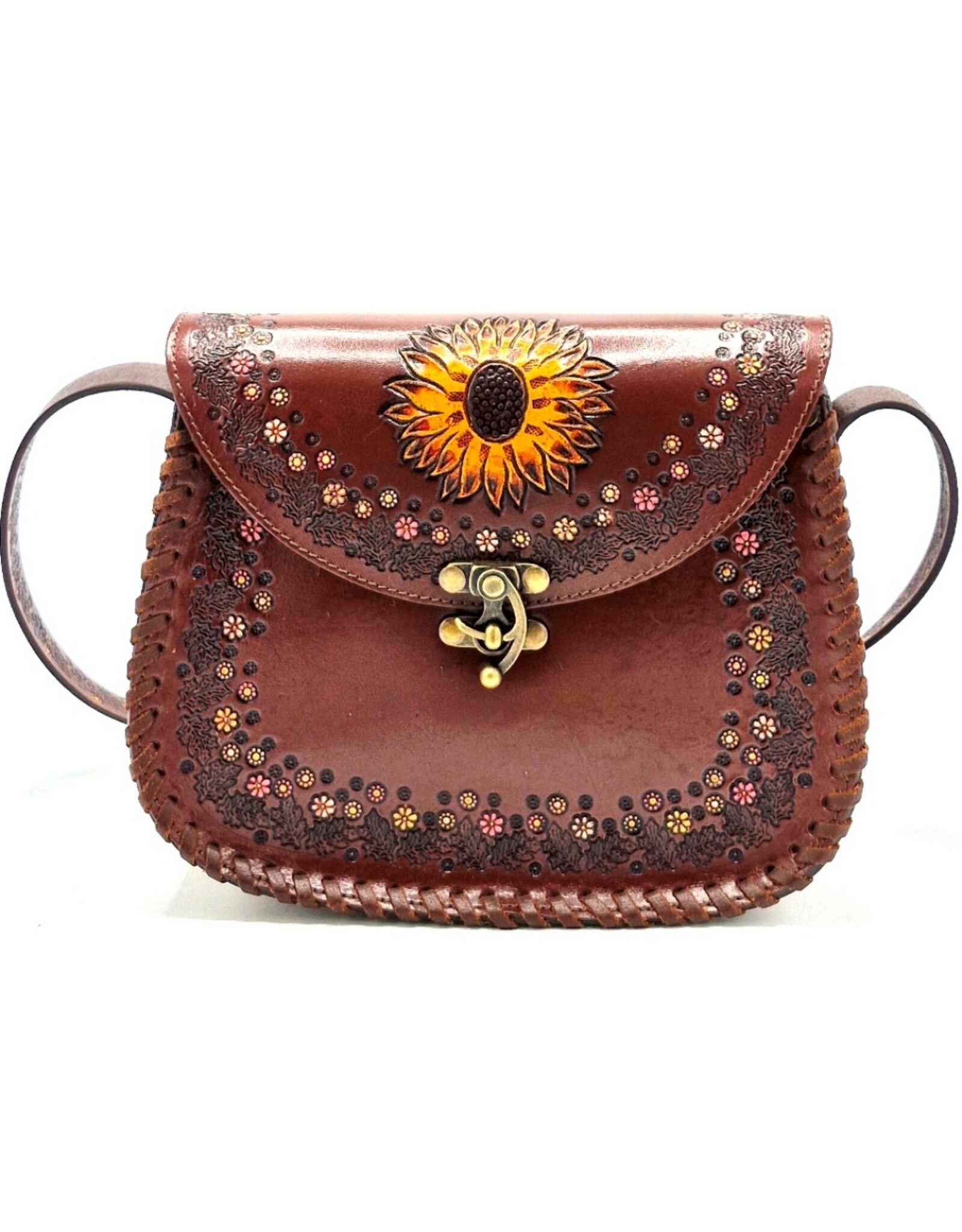 Trukado Leather Shoulder bags  leather crossbody bags - Leather Saddle Bag with Embossed Sunflower and Hook