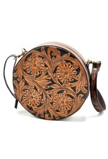 Trukado Leren tassen - Leren Ronde Handtas met Bloemen reliëf bruin