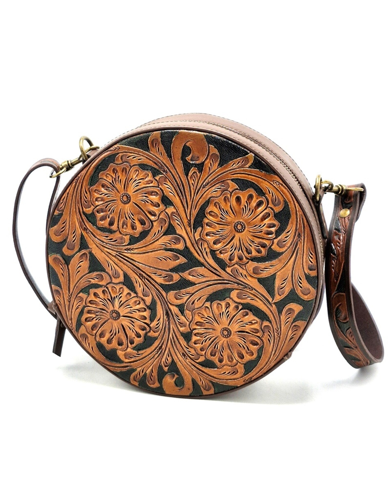 Trukado Leather bags - Leather Round Handbag with Floral embossing, brown
