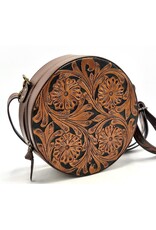 Trukado Leren tassen - Leren Ronde Handtas met Bloemen reliëf bruin