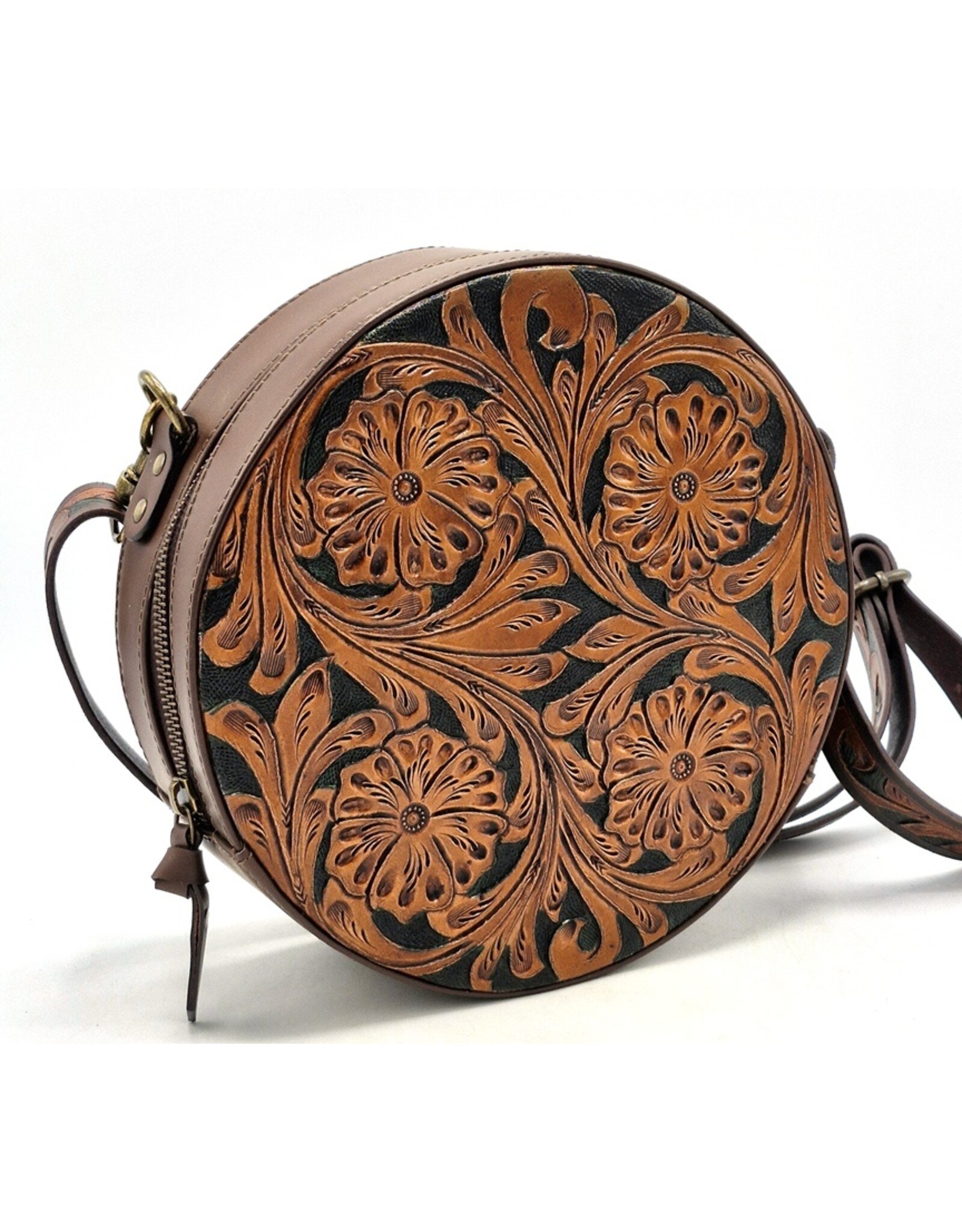 Trukado Leren tassen - Leren Ronde Handtas met Bloemen reliëf bruin