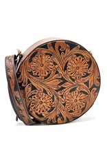 Trukado Leather bags - Leather Round Handbag with Floral embossing, brown