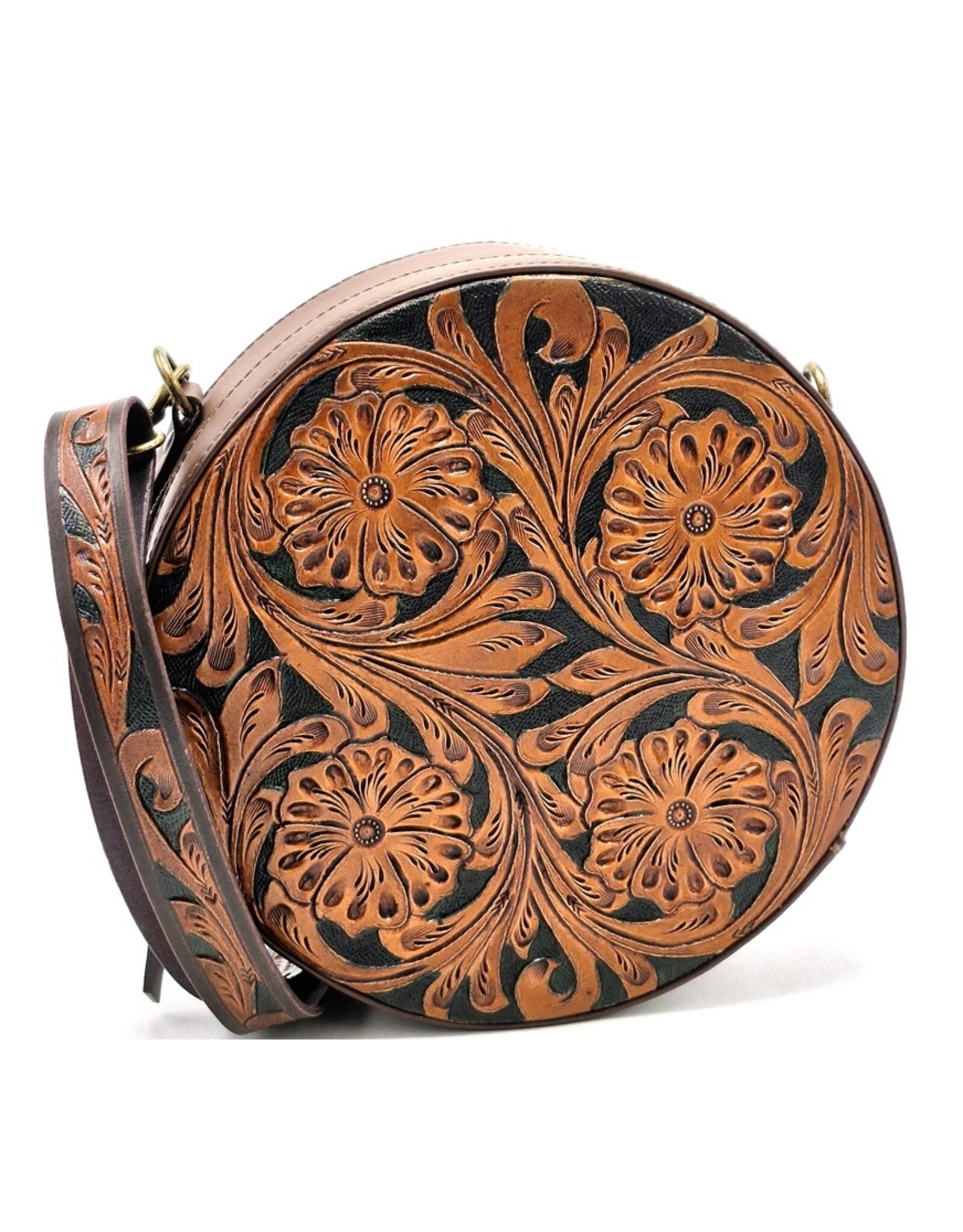 Trukado Leren tassen - Leren Ronde Handtas met Bloemen reliëf bruin