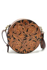 Trukado Leren tassen - Leren Ronde Handtas met Bloemen reliëf bruin