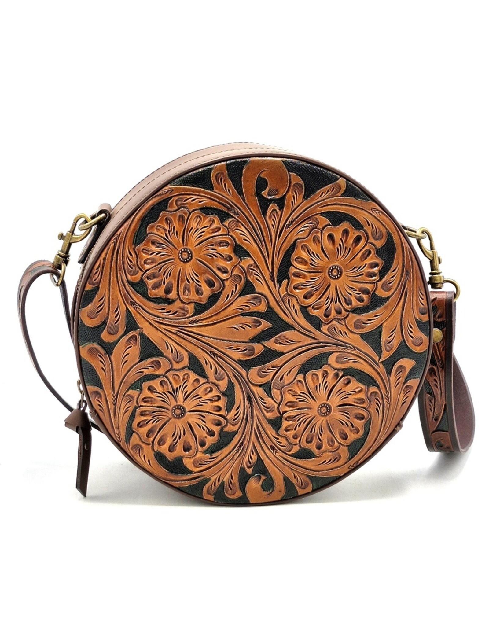 Trukado Leather bags - Leather Round Handbag with Floral embossing, brown