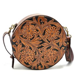 Trukado Leather Round Handbag with Floral embossing, brown