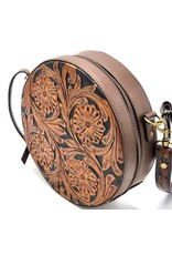 Trukado Leather bags - Leather Round Handbag with Floral embossing, brown