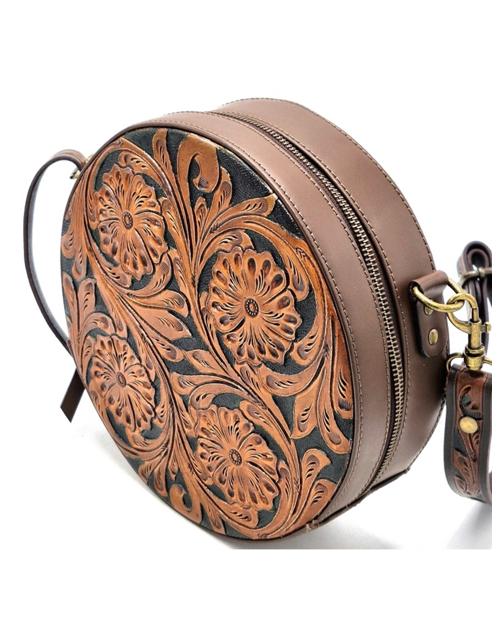 Trukado Leather bags - Leather Round Handbag with Floral embossing, brown