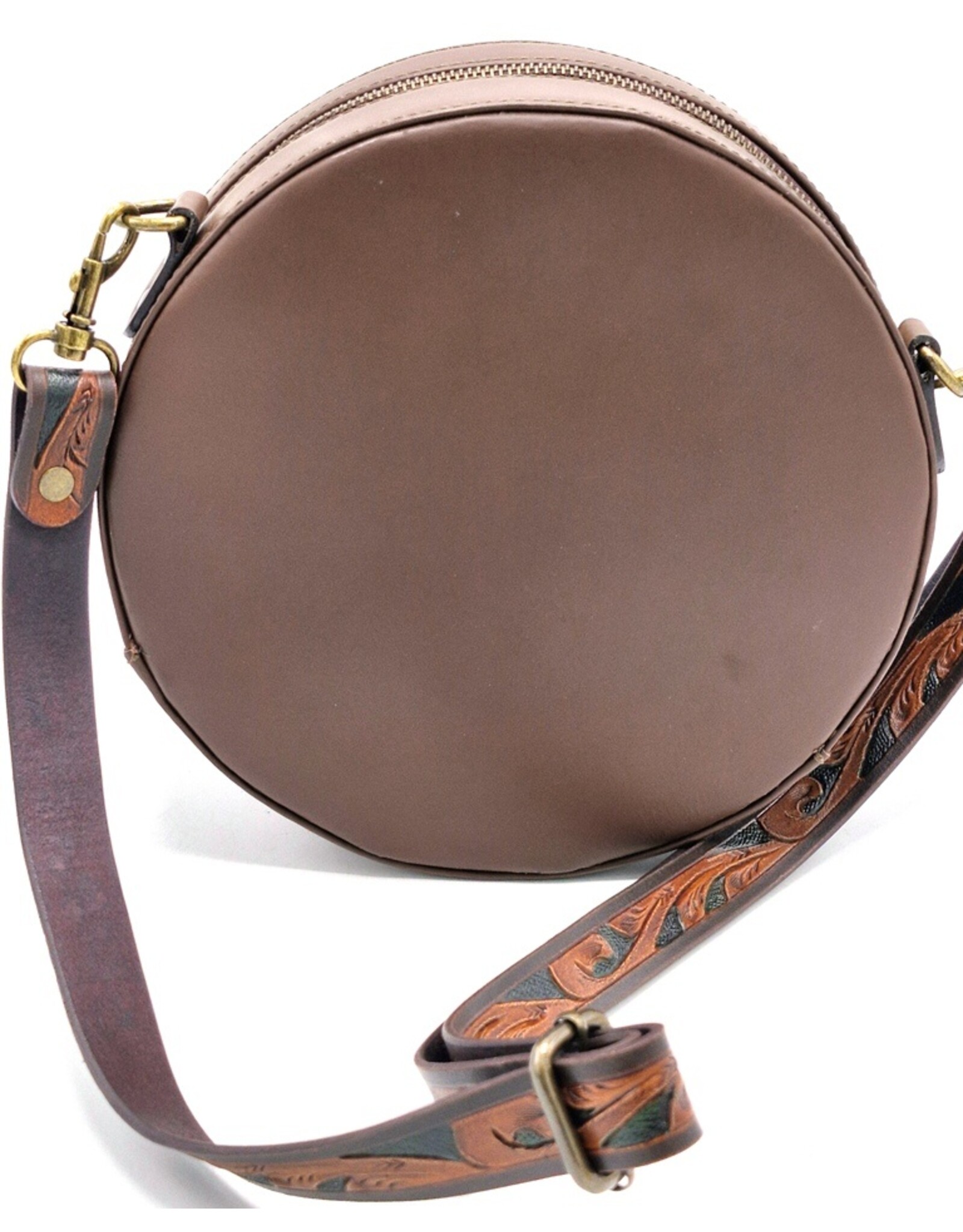 Trukado Leather bags - Leather Round Handbag with Floral embossing, brown
