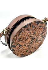 Trukado Leather bags - Leather Round Handbag with Floral embossing, brown