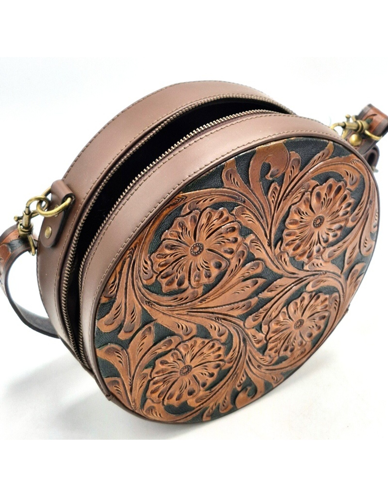 Trukado Leather bags - Leather Round Handbag with Floral embossing, brown