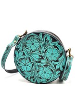 Trukado Leren tassen - Leren Ronde Handtas met Bloemen reliëf turquoise