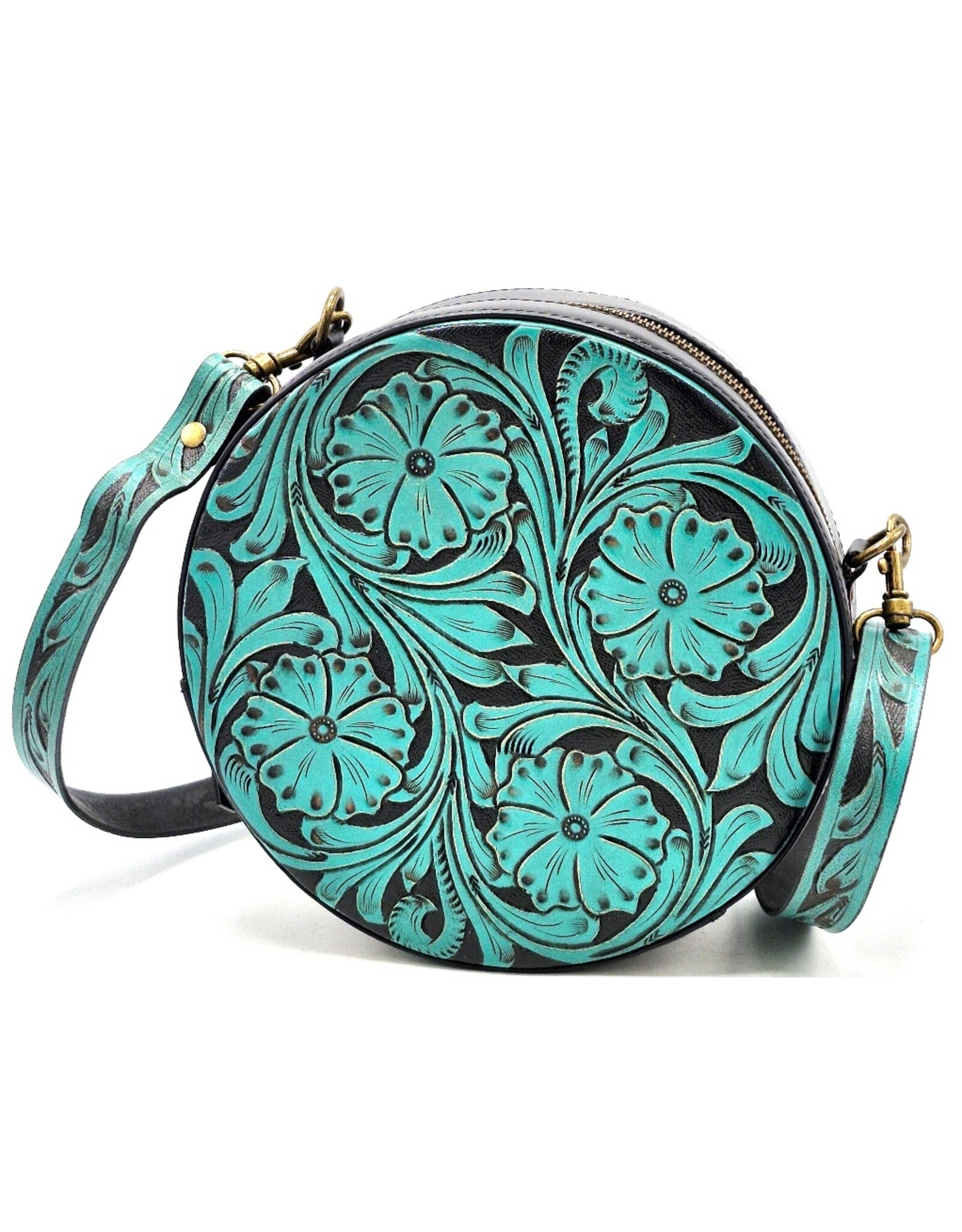 Trukado Leren tassen - Leren Ronde Handtas met Bloemen reliëf turquoise