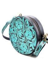 Trukado Leren tassen - Leren Ronde Handtas met Bloemen reliëf turquoise
