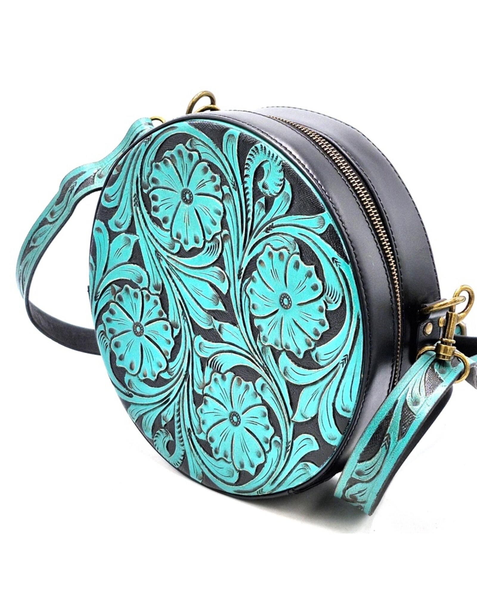 Trukado Leren tassen - Leren Ronde Handtas met Bloemen reliëf turquoise