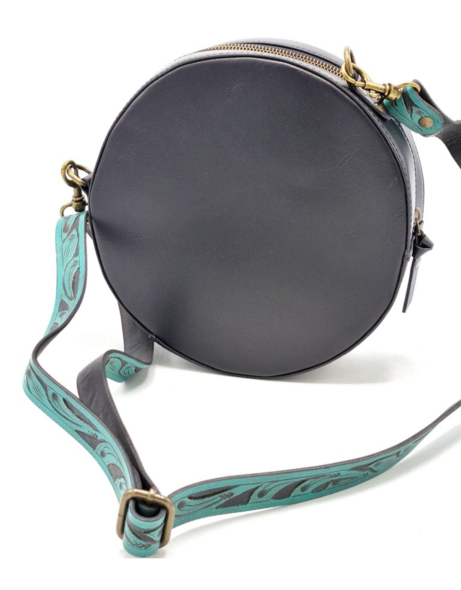 Trukado Leather bags - Leather Round Handbag with Floral embossing, turquoise