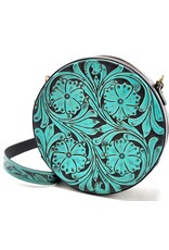 Trukado Leren tassen - Leren Ronde Handtas met Bloemen reliëf turquoise