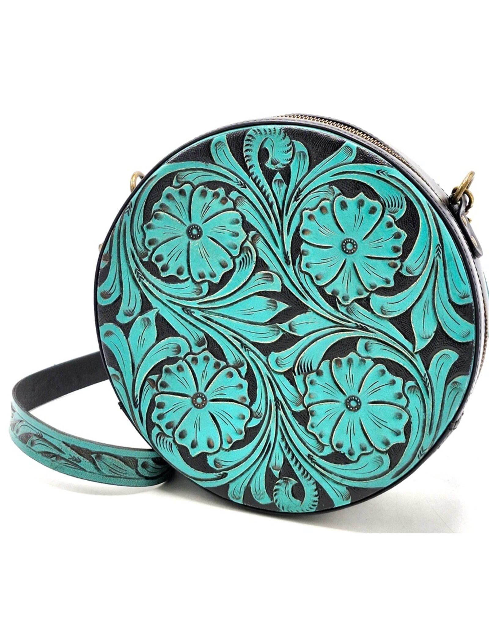 Trukado Leather bags - Leather Round Handbag with Floral embossing, turquoise
