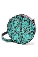 Trukado Leather bags - Leather Round Handbag with Floral embossing, turquoise