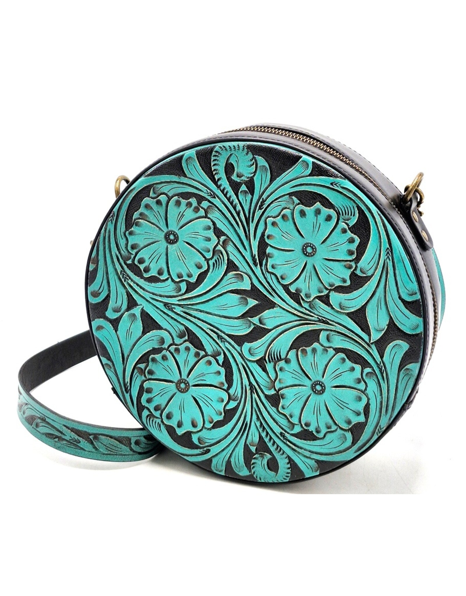 Trukado Leren tassen - Leren Ronde Handtas met Bloemen reliëf turquoise