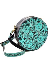 Trukado Leather bags - Leather Round Handbag with Floral embossing, turquoise