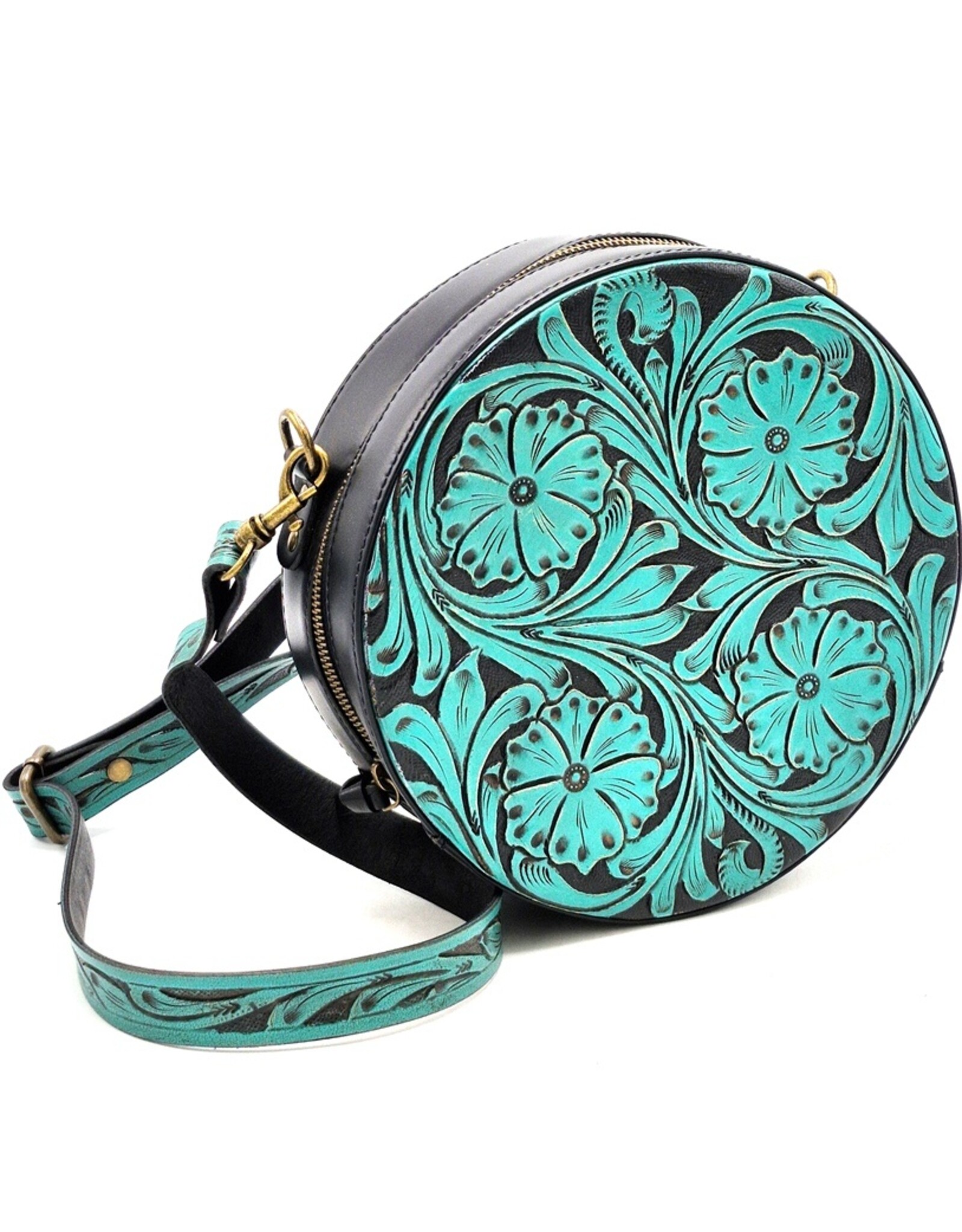 Trukado Leren tassen - Leren Ronde Handtas met Bloemen reliëf turquoise