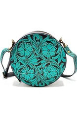 Trukado Leather bags - Leather Round Handbag with Floral embossing, turquoise