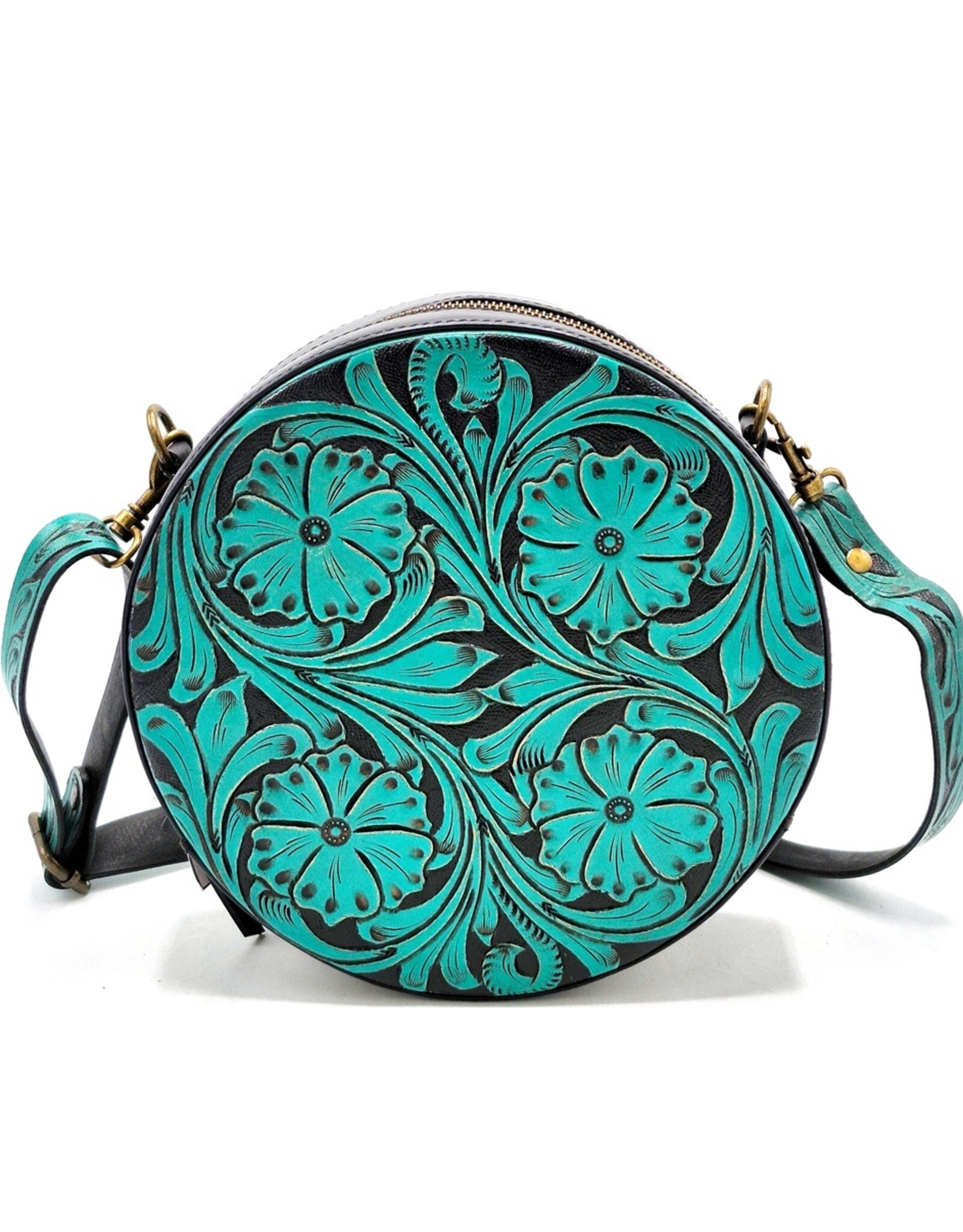 Trukado Leather bags - Leather Round Handbag with Floral embossing, turquoise
