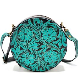 Trukado Leather Round Handbag with Floral embossing, turquoise