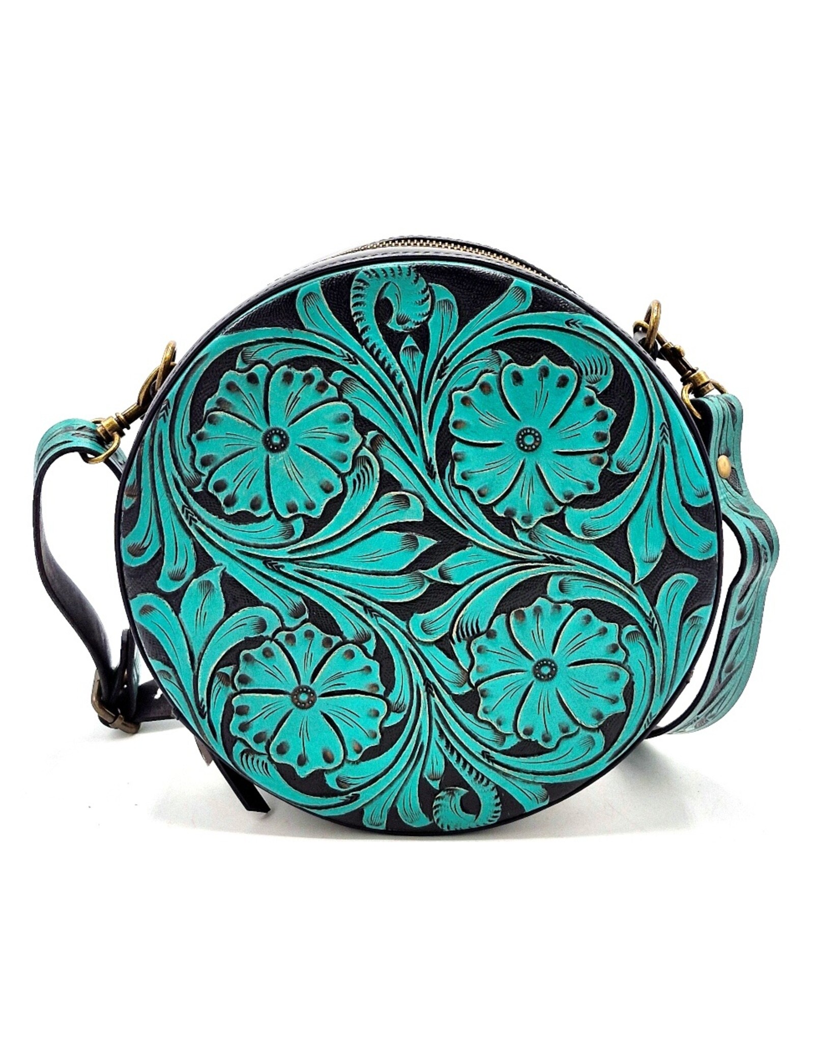 Trukado Leather bags - Leather Round Handbag with Floral embossing, turquoise