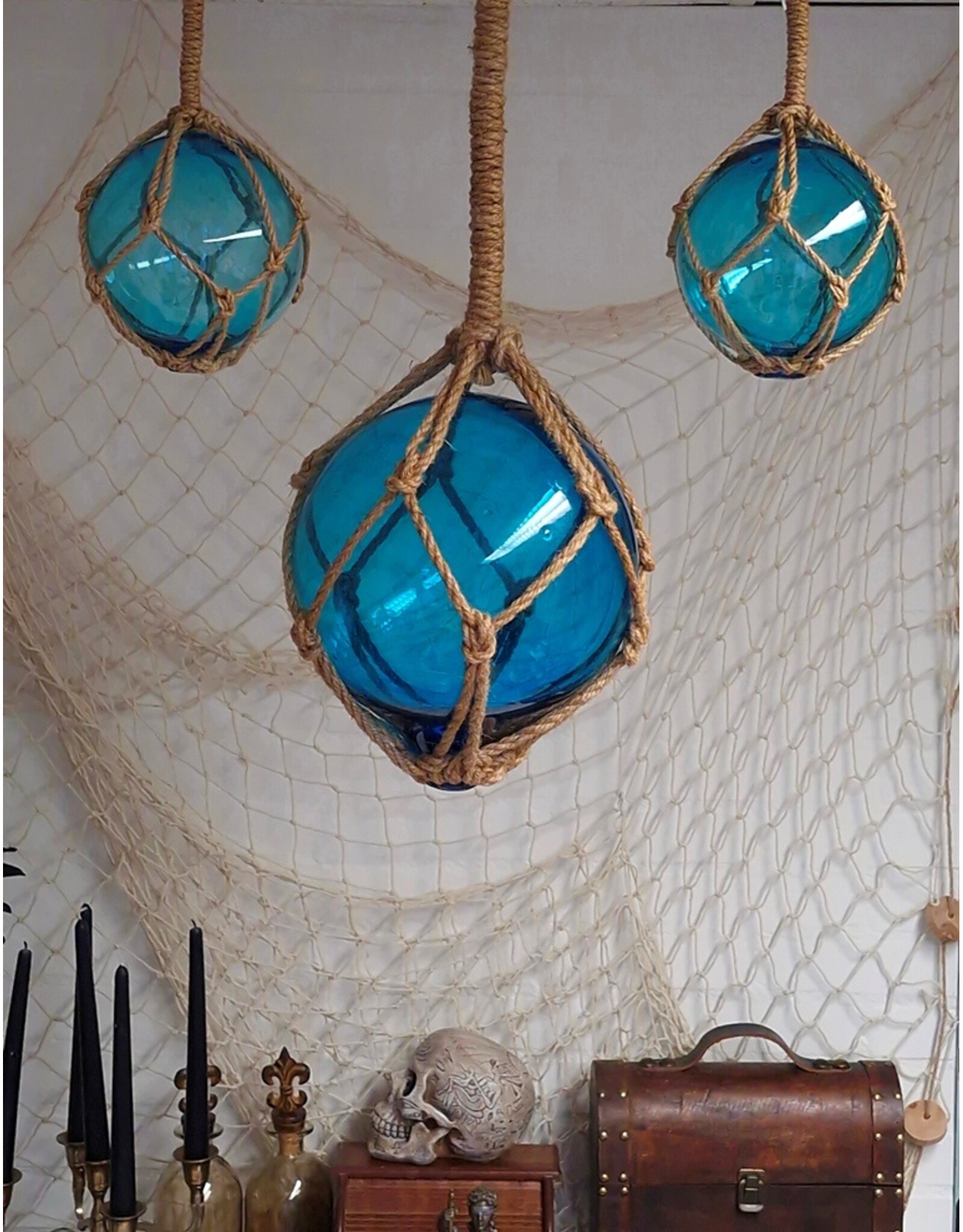 Trukado Miscellaneous - Visnet drijvers Glazen Bollen  Set Turquoiseblauw