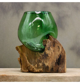 AWG Small Green Bowl on Wood from Recycled Beer Bottles