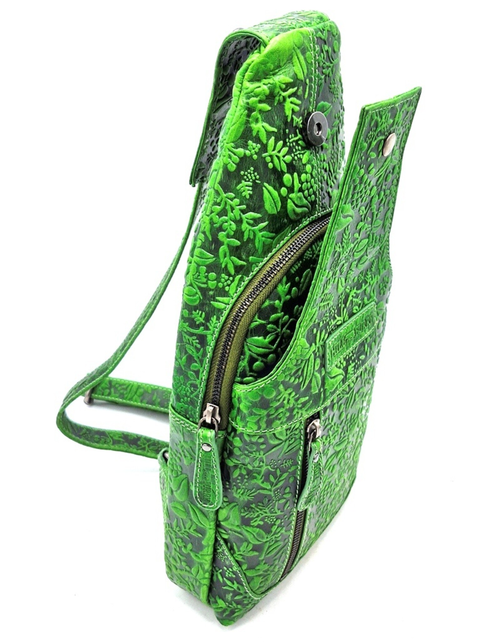 HillBurry Leather bags - Hillburry Crossbody bag with Embossed Leaves green