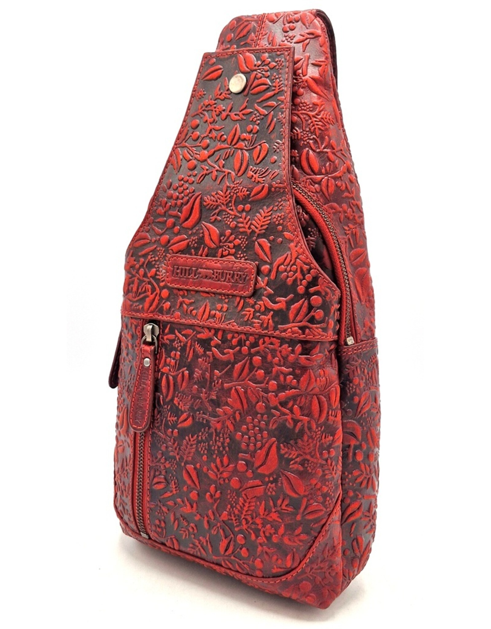 HillBurry Leren tassen - Hillburry Crossbody tas met Relief Bladeren rood