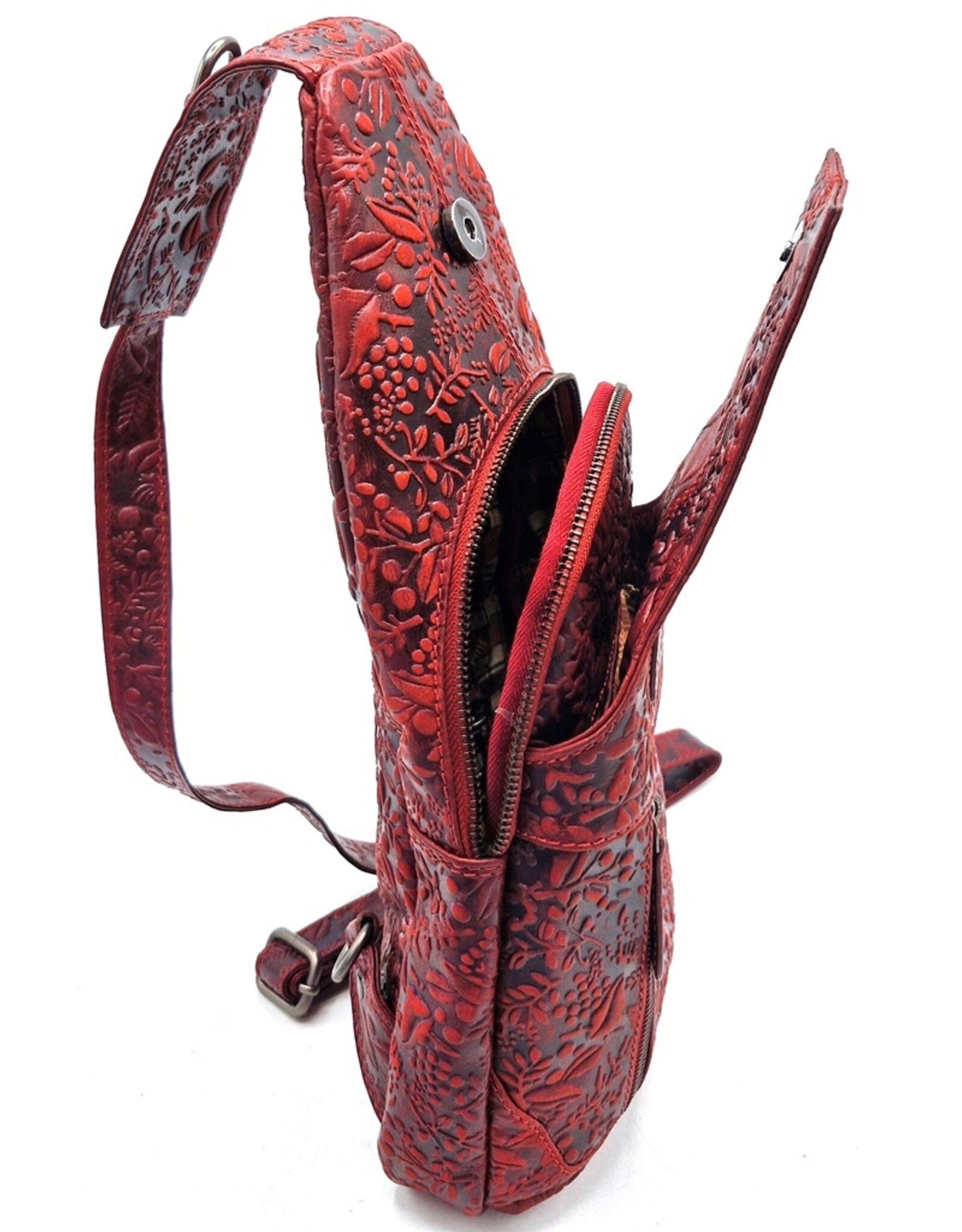 HillBurry Leren tassen - Hillburry Crossbody tas met Relief Bladeren rood