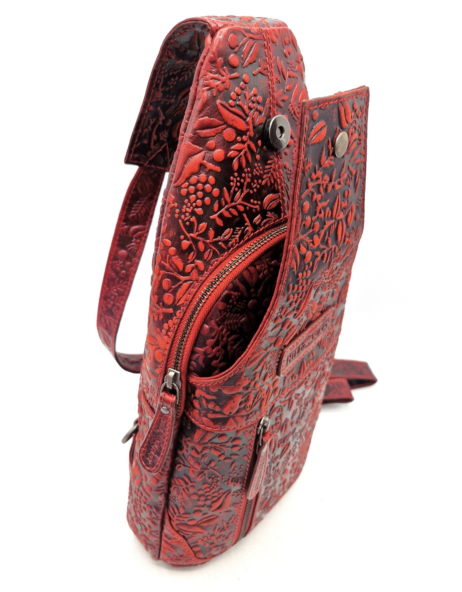 HillBurry Leather bags - Hillburry Crossbody bag with Embossed Leaves red