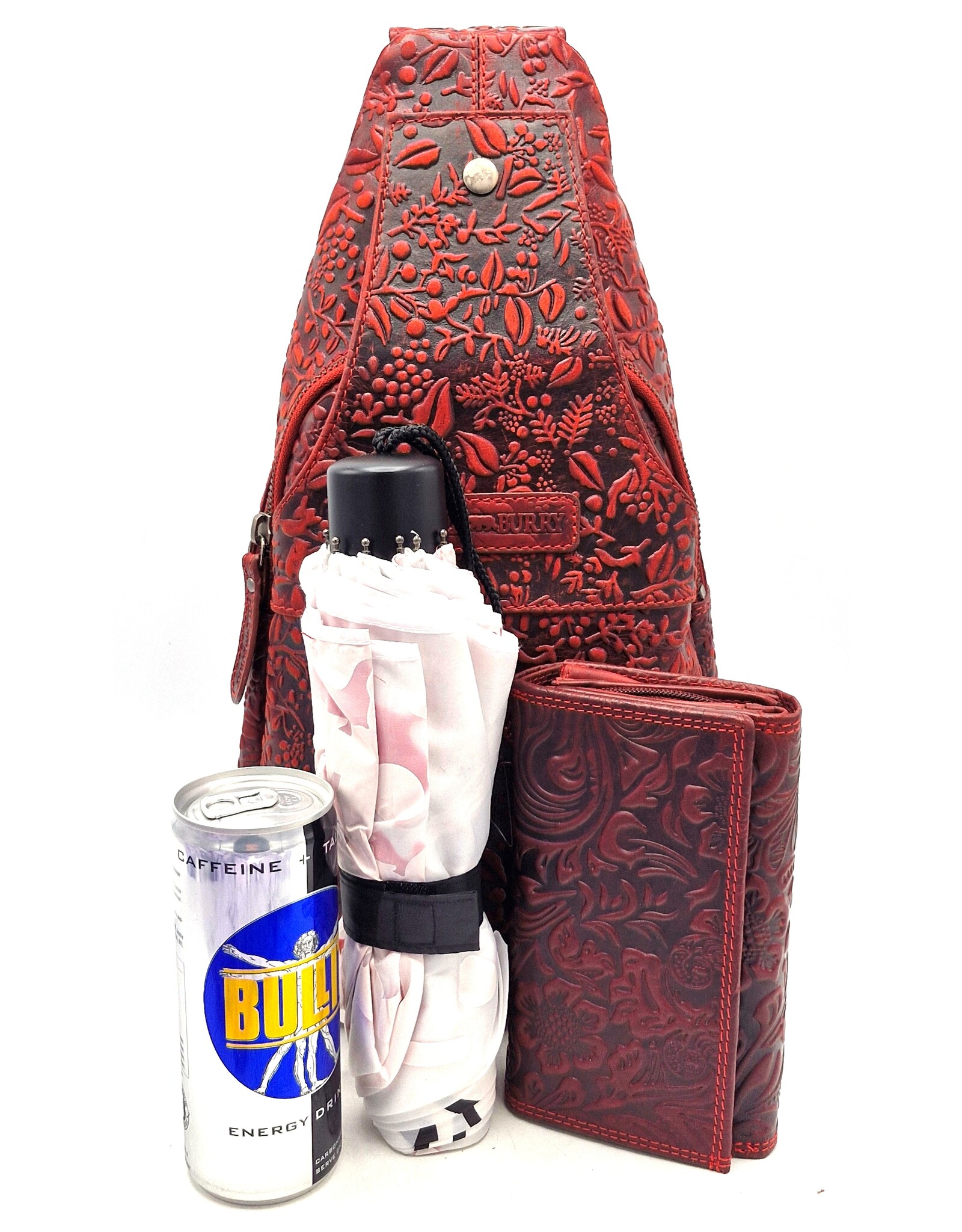 HillBurry Leren tassen - Hillburry Crossbody tas met Relief Bladeren rood