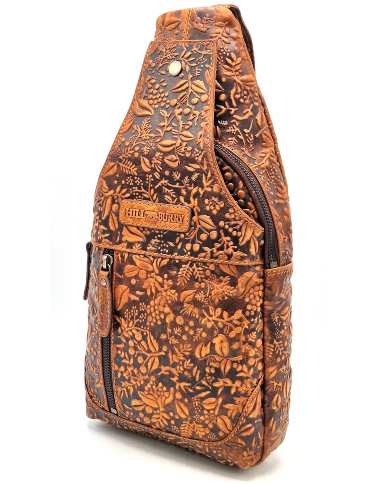 HillBurry Leren tassen - Hillburry Crossbody tas met Relief Bladeren tan