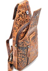 HillBurry Leren tassen - Hillburry Crossbody tas met Relief Bladeren tan