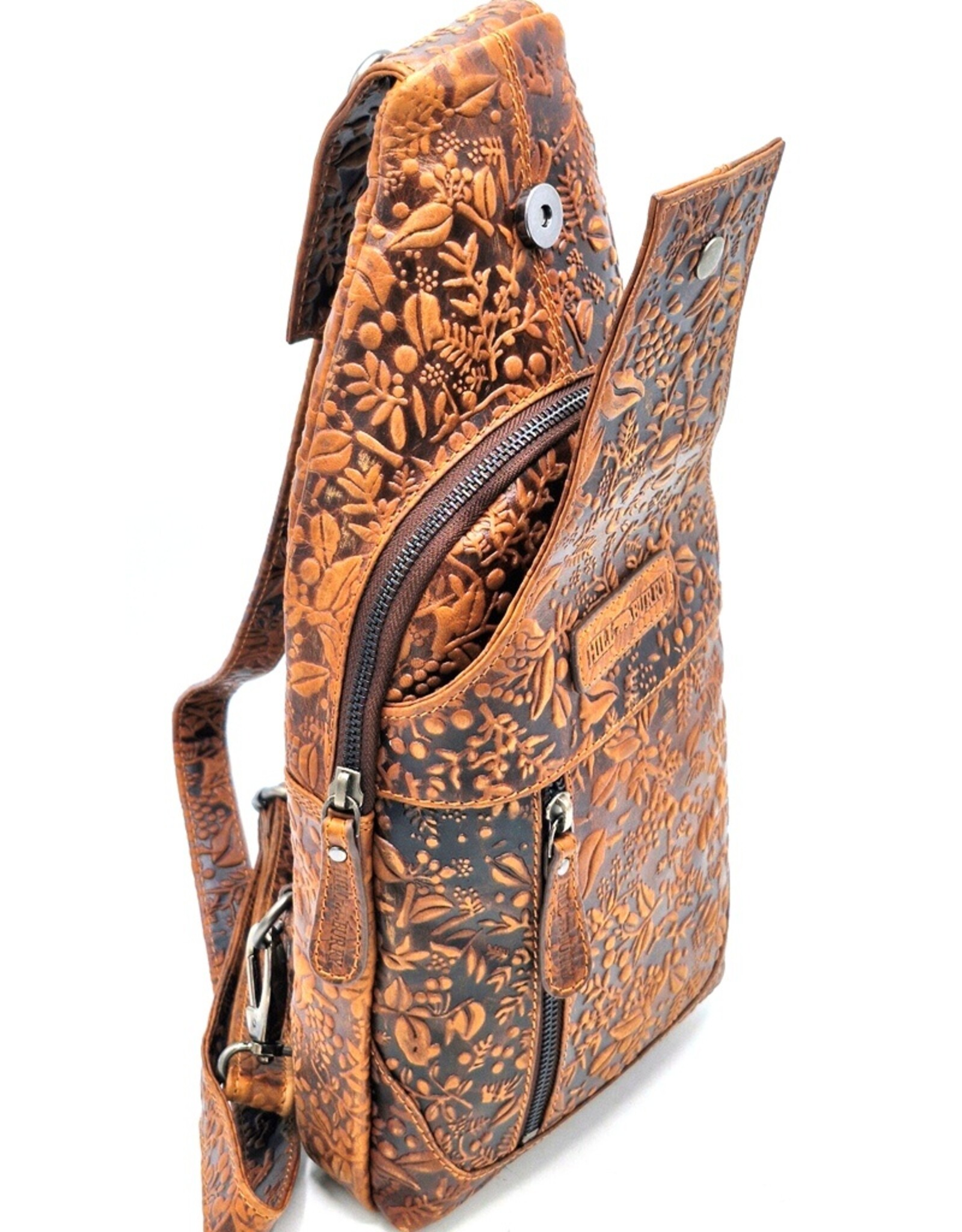 HillBurry Leren tassen - Hillburry Crossbody tas met Relief Bladeren tan