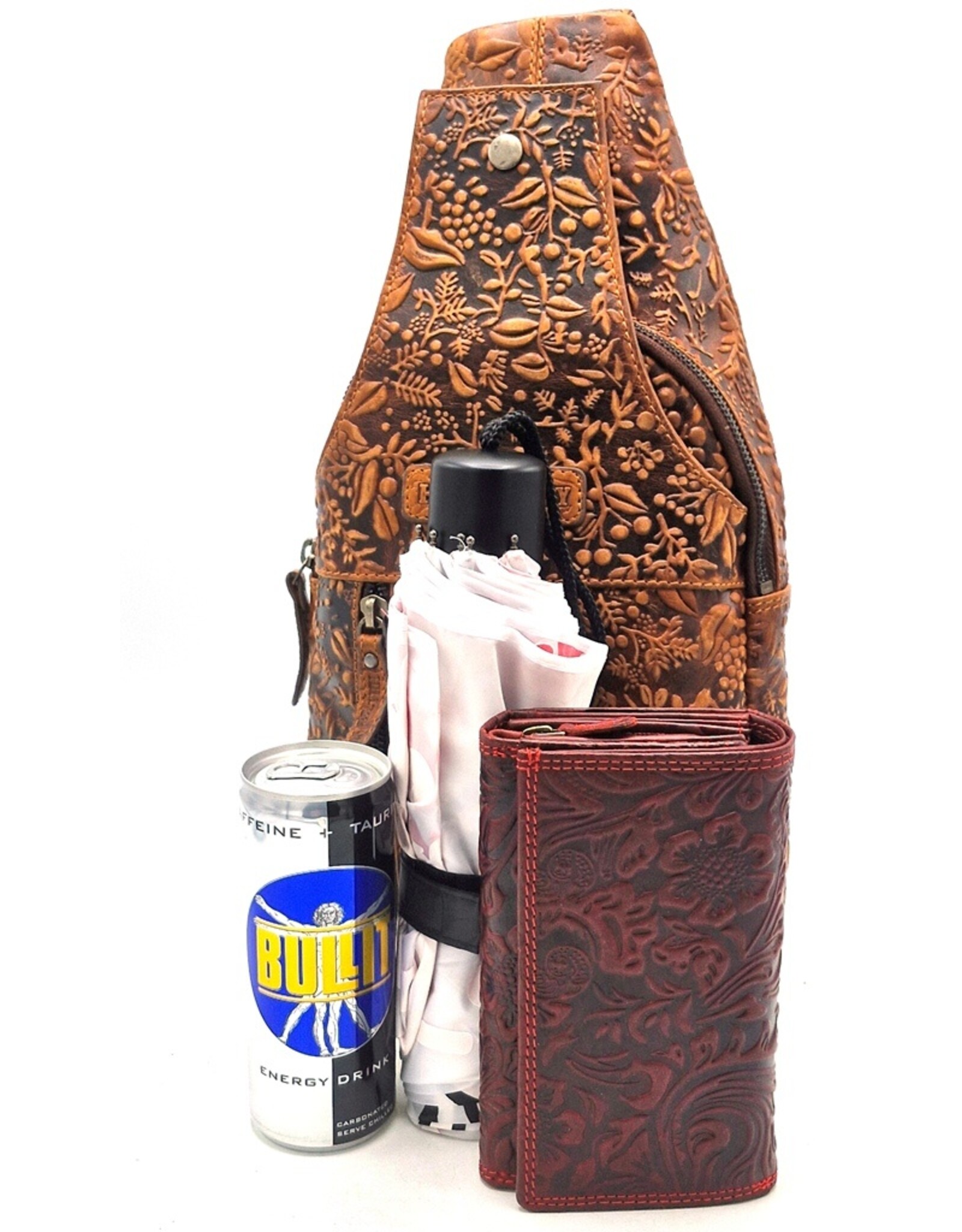 HillBurry Leather bags - Hillburry Crossbody bag with Embossed Leaves tan