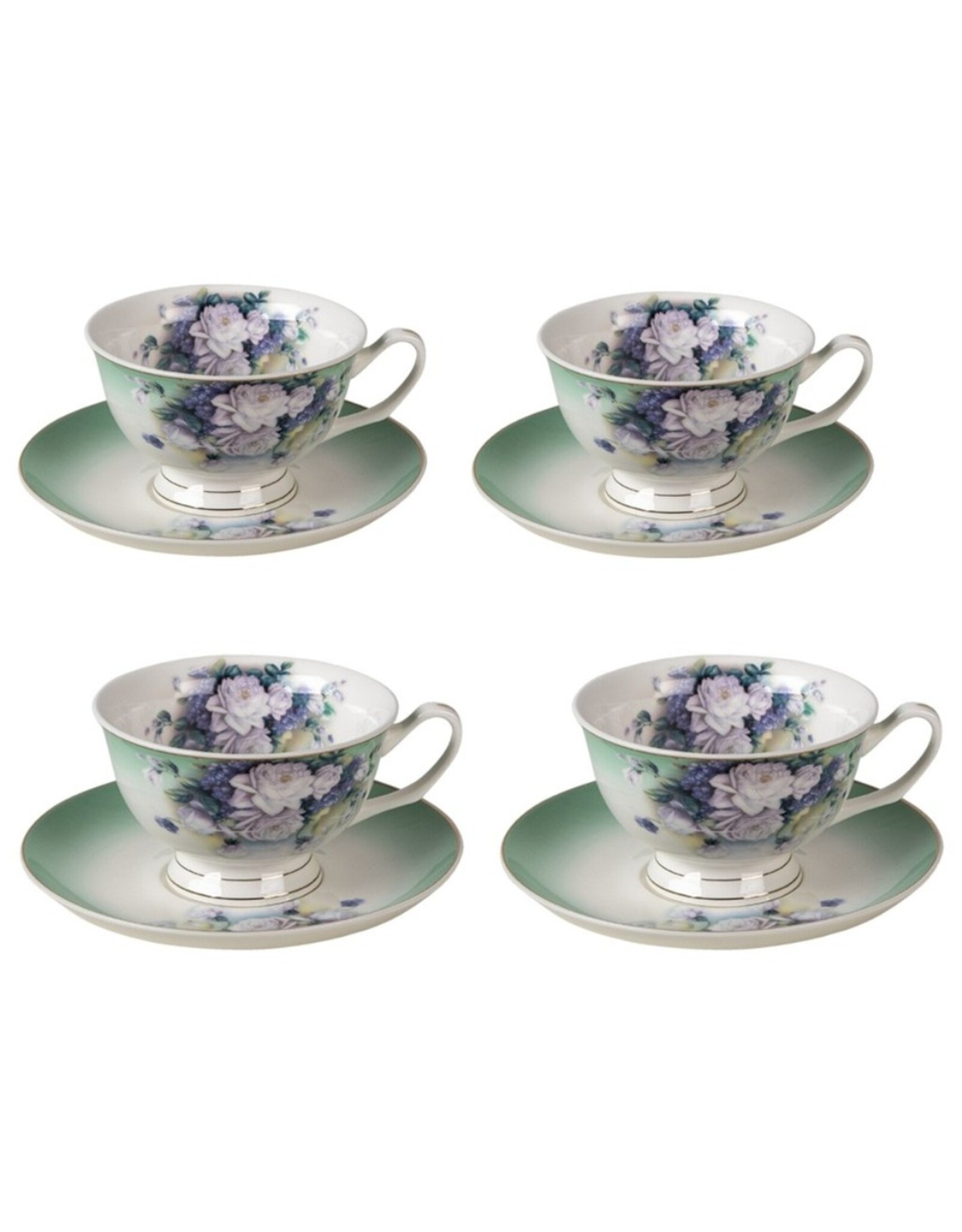 C&E Giftware & Lifestyle - Kop en Schotel Groen Wit Porselein Bloemen - set van 4