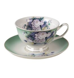 C&E Cup & Saucer Green and White Porcelain Flower