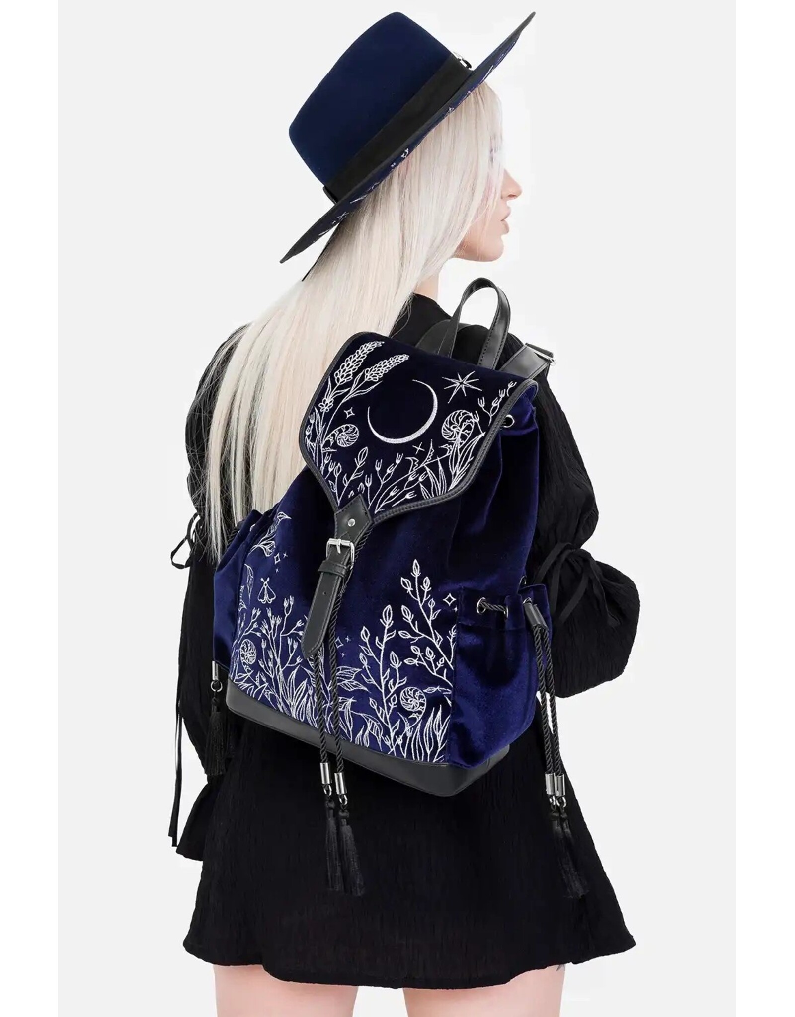 Restyle Fantasy tassen en portemonnees - Moonlit Meadow Donkerblauwe Fluwelen Rugzak