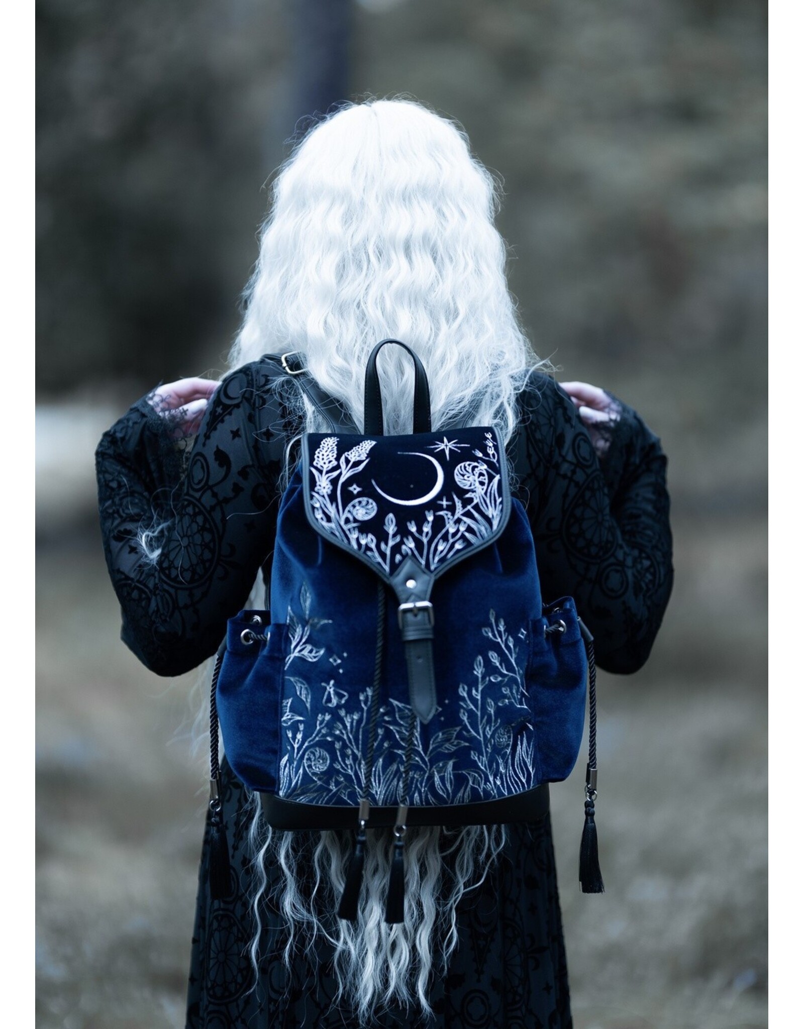 Restyle Fantasy bags and wallets - Moonlit Meadow Dark Blue Velvet Backpack
