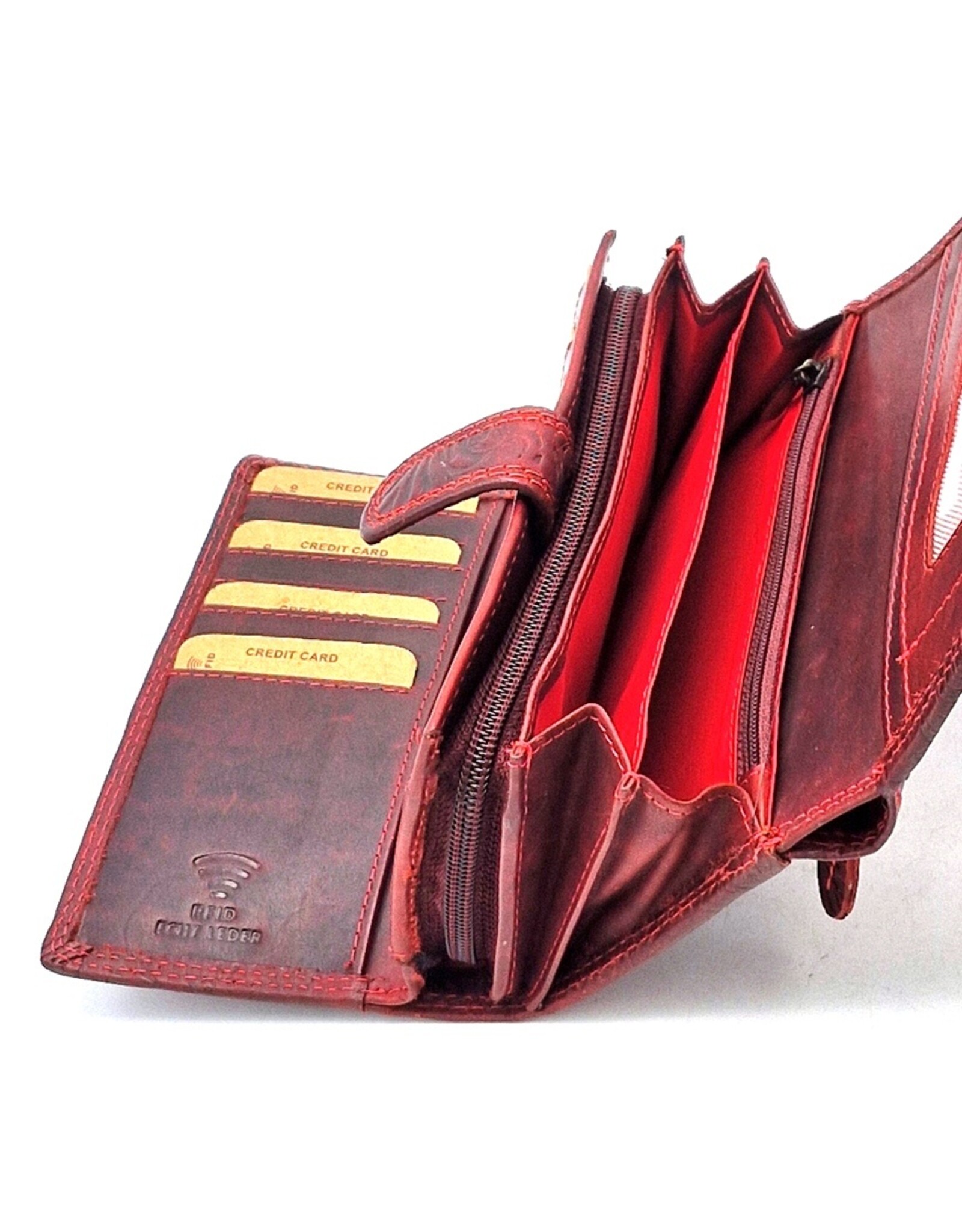 Hunters Leren portemonnees - Hunters Portemonnee met Bloemen Reliëf rood